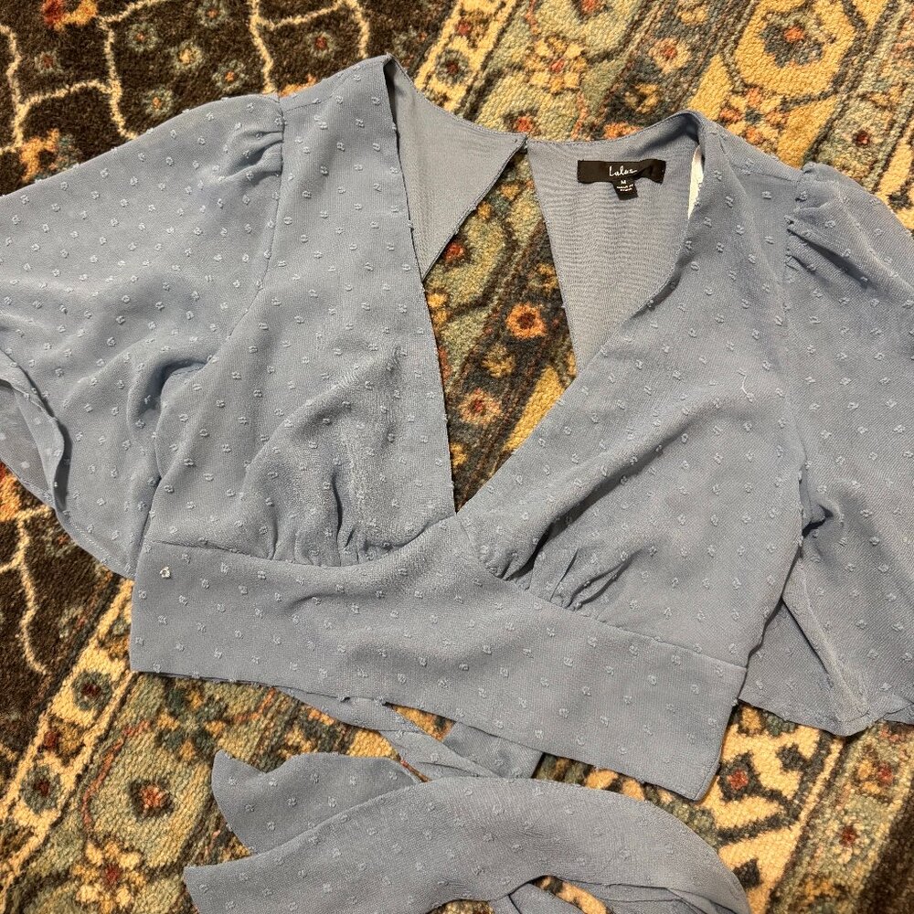 Lulus Light Blue Swiss Dot Tie-Back Top
